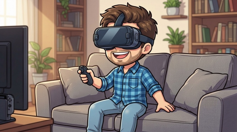 スマホ用VRゴーグルをつけてリビングで楽しんでいる男性