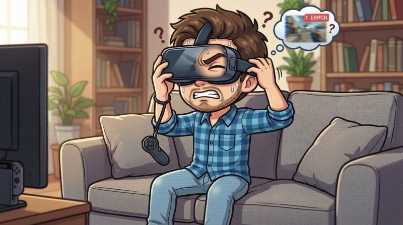 スマホ用VRゴーグルを使って困っている男性