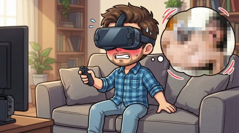FANZA作品をスマホVRゴーグルで楽しんでいる男性